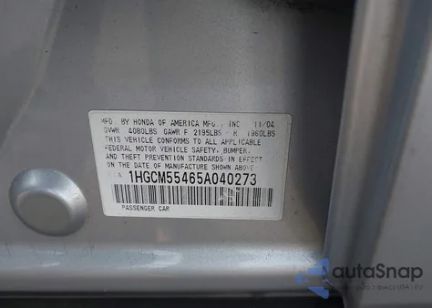 2005 Honda Accord 2.4 Lx z USA, uszkodzony, nr VIN 1HGCM55465A040273